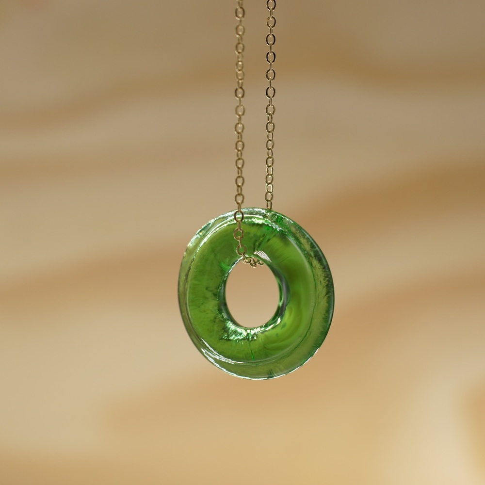 Sake Green Glass Necklace Recycle Handcrafted Jewelry Gold Chain Unique Seaglass